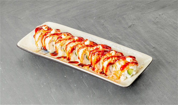 Flamed salmon cheese roll
