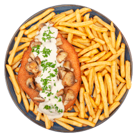 Loaded fries schnitzel champignon roomsaus