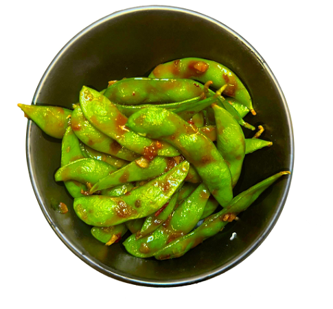 Spicy garlic edamame