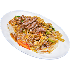 Rice noodles with rib-eye in sacha sauce