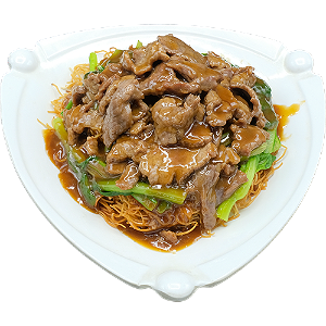 Crispy pan-fried noodles with beef