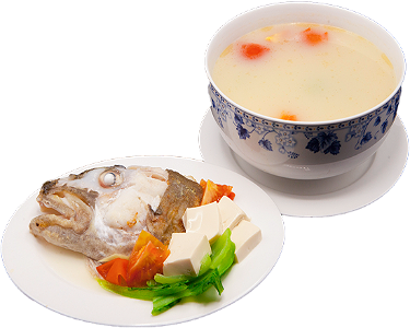 Fish head tofu soup with vegetables 