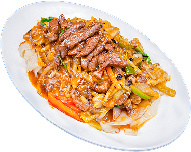 Fried rice noodles with rib-eye in sacha sauce