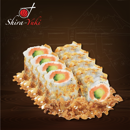 Uien roll met krokante zalm, komkommer