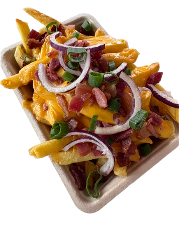 Frites cheddar en bacon met rode ui