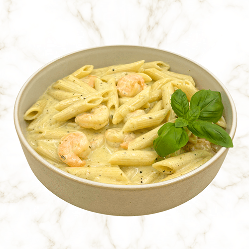 Pasta creamy scampi e pesto