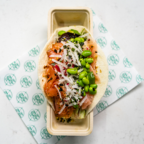 Asian smokey salmon soft shell taco