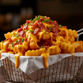 Friet cheddar cheese en bacon