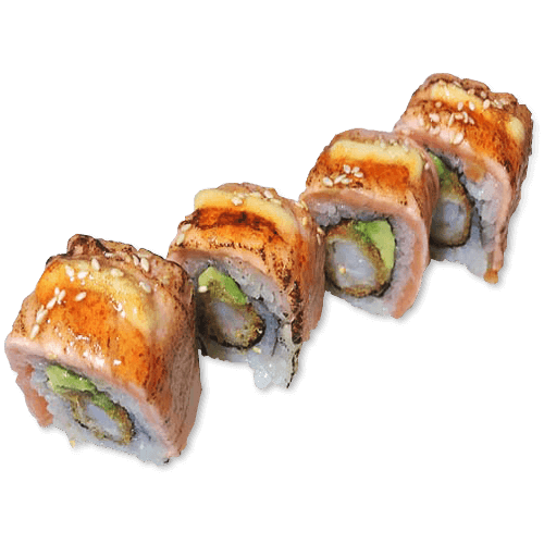 Geflambeerde zalm ebi tempura roll