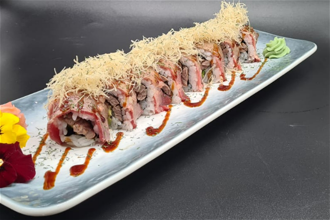 Flamed beef roll