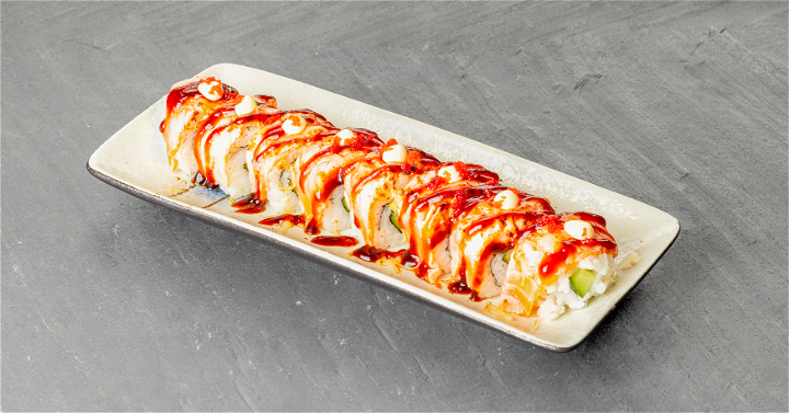 Flamed salmon cheese roll