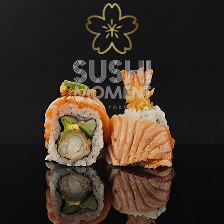 Flamed salmon ebi roll 8 Stuks