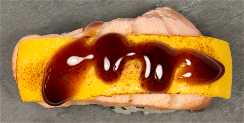 Flamed sake cheese nigiri