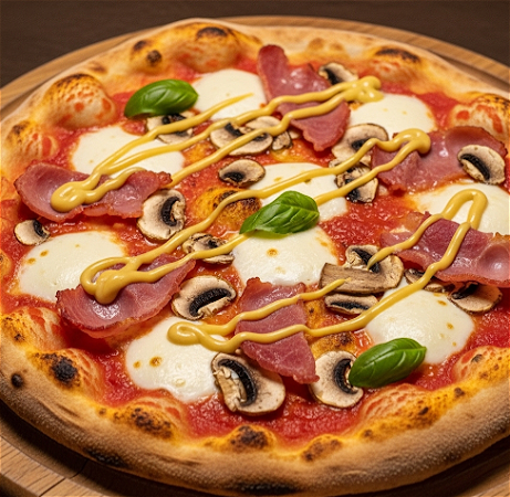 Pizza met gegrilde beenham en champignons
