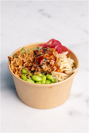 Mini poké bowl teriyaki pulled chicken