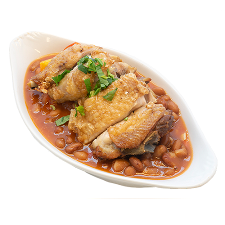 97. Bruine bonen met geroost. kip