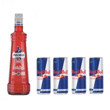 Puschkin Red Flavored vodka 1l en 4 Red Bull Energy Drink 250ml