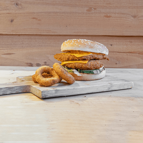 Crispy chicken onion ring burger