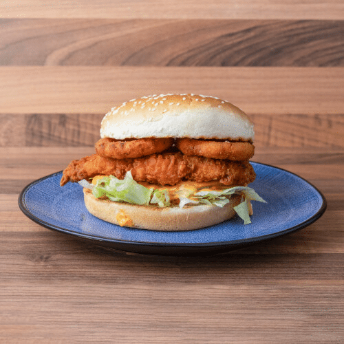 Spicy chicken onion rings burger