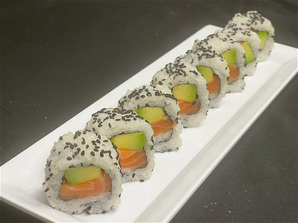inside out salmon avocado roll.