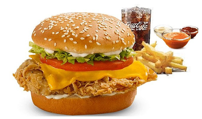 Crispy chicken cheeseburger burger menu( friet en frisdrank )