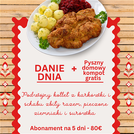 Podwójny kotlet z karkówki i schabu zbity razem z ziemniakami i surówką  + KOMPOT GRATIS