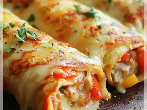 Naleśnik z kurczakiem, pieczarkami, papryką, serem i sosem koperkowym