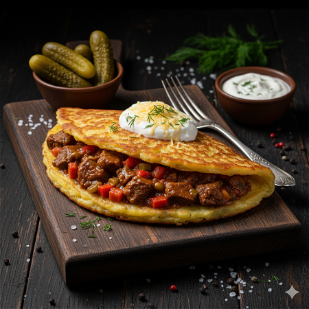 Placek po Zbójnicku z gulaszem wieprzowym i kiszonym ogórkiem