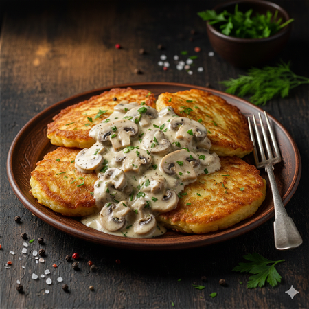 Placki ziemniaczane z sosem pieczarkowym