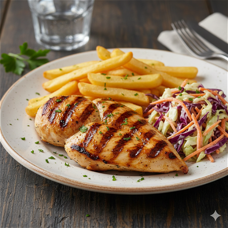 Grillowana pierś z kurczaka z ziemniakami i surówką 