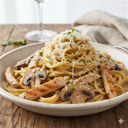 Spaghetti z kurczakiem w sosie pieczarkowym z parmezanem i świeżą pietruszką 