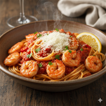 Spaghetti z krewetkami z chilli , świeżymi pomidorami i pietruszką 