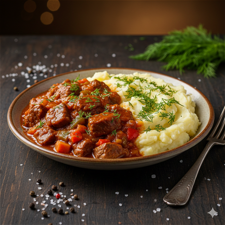 Gulasz wieprzowy z dodatkami i kiszonym ogórkiem 