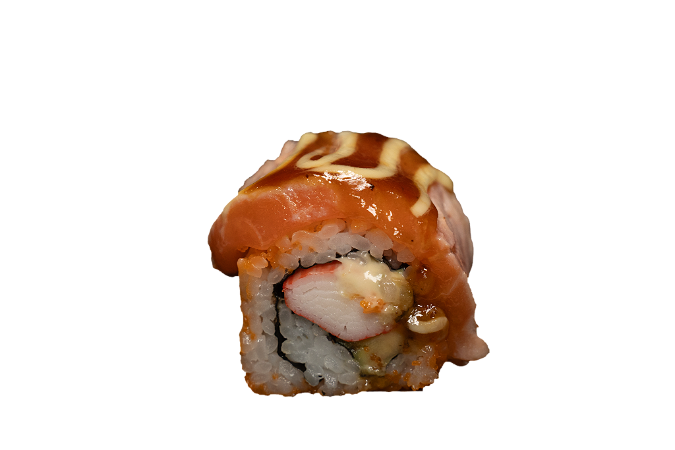 Geflambeerde sake en crab maki