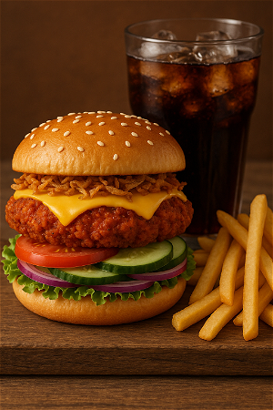 Nova spicy chicken burger met patat en drinken