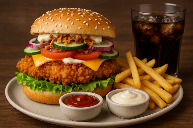 Nova crispy chicken burger met patat en drinken