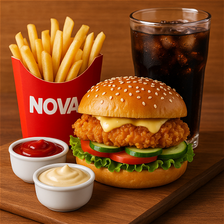 Nova chicken burger met patat en drinken