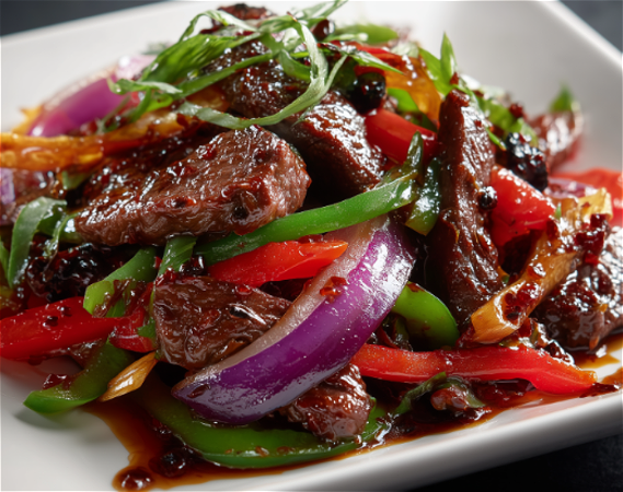 Gesneden beef met zwarte bonen saus