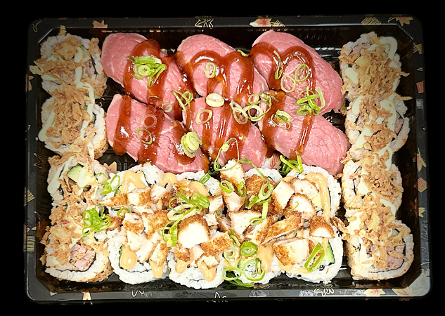 vlees  menu( 22 stuk)   8 stuk maki friend chicken special 8 stuk spice beef roll 6 stuk nigiri rosbief