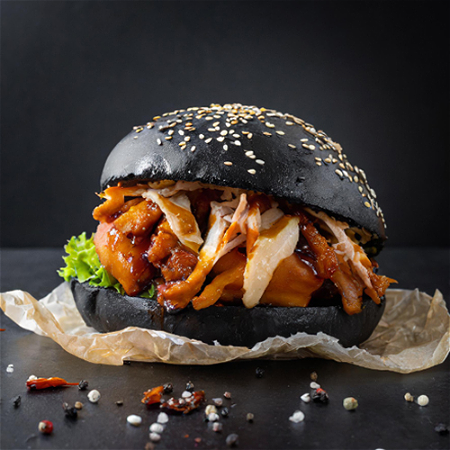 Charcoal bun pulled chicken 