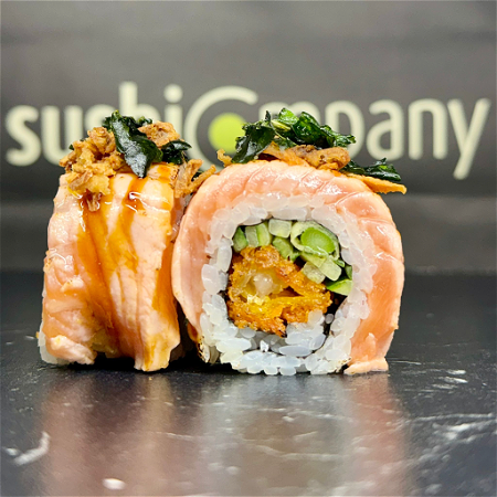 Ebi flamed salmon special uramaki 4 stuks